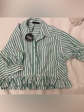 Green & White Striped Ruffle Hem Button-Up Shirt